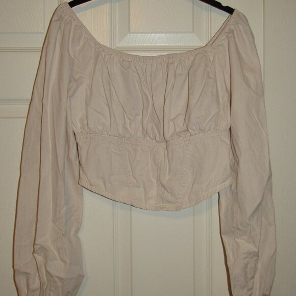 Japna Size L 100% Cotton Off Shoulder Long Sleeve Crop Top Light Tan - Picture 5 of 5